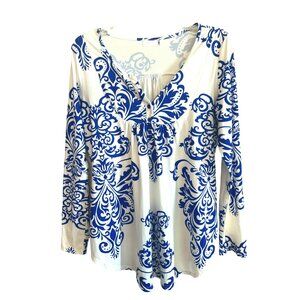 Halife Womens Long Sleeve Blue and White Abstract Patterned Tunic Top M